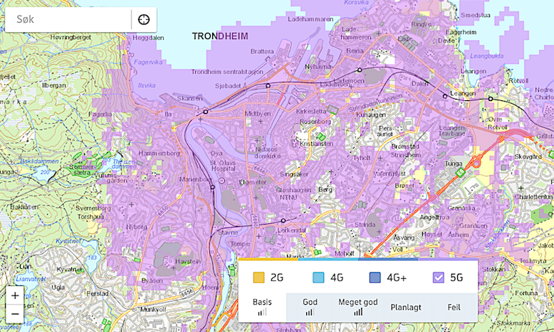 kart som viser 5g-dekningen i Trondheim